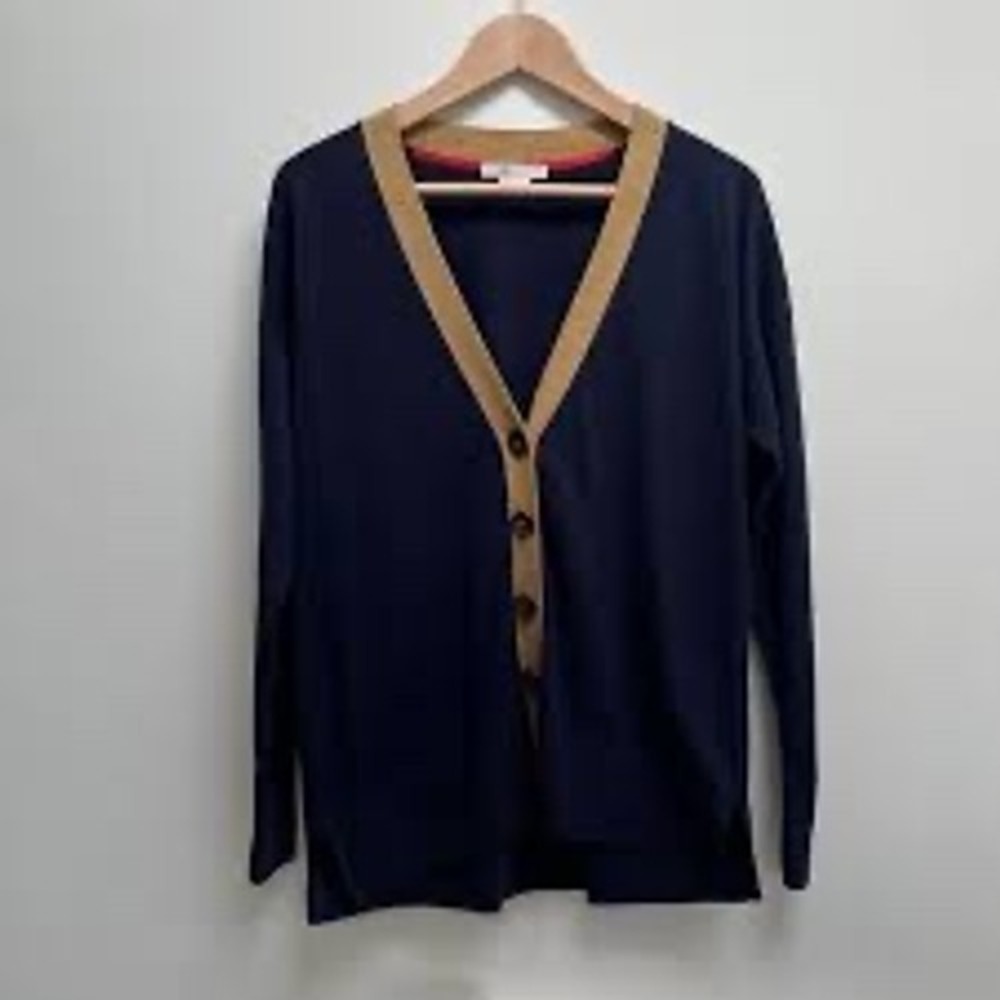 Boden Navy Blue Gold Metallic Trim Cotton Wool Cardigan Sweater Small K0239